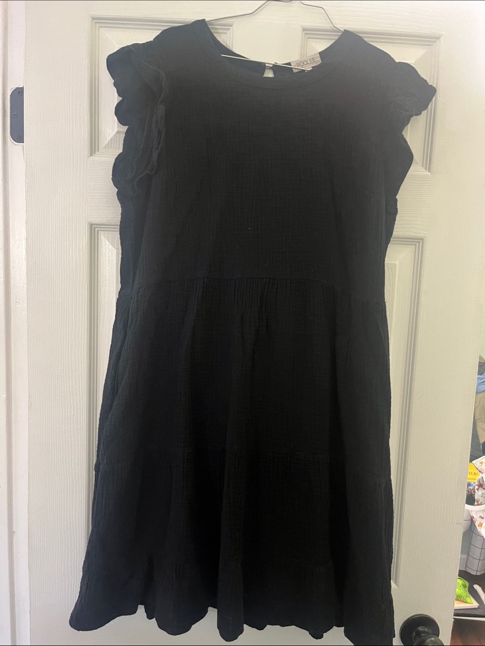 Roolee Black Textured Ruffle Sleeve Dress